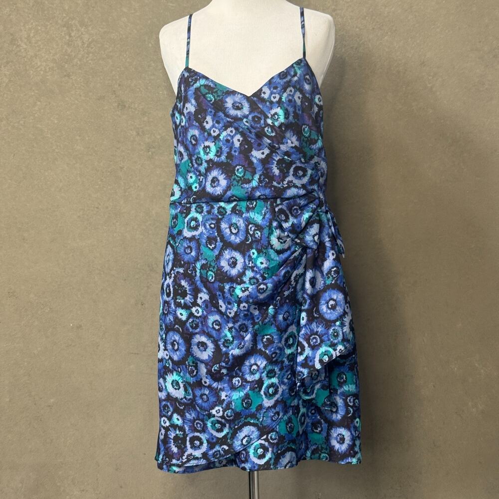 LC Lauren Conrad Floral Faux Wrap Mini Dress Size 10 Blue Teal Sleeveless